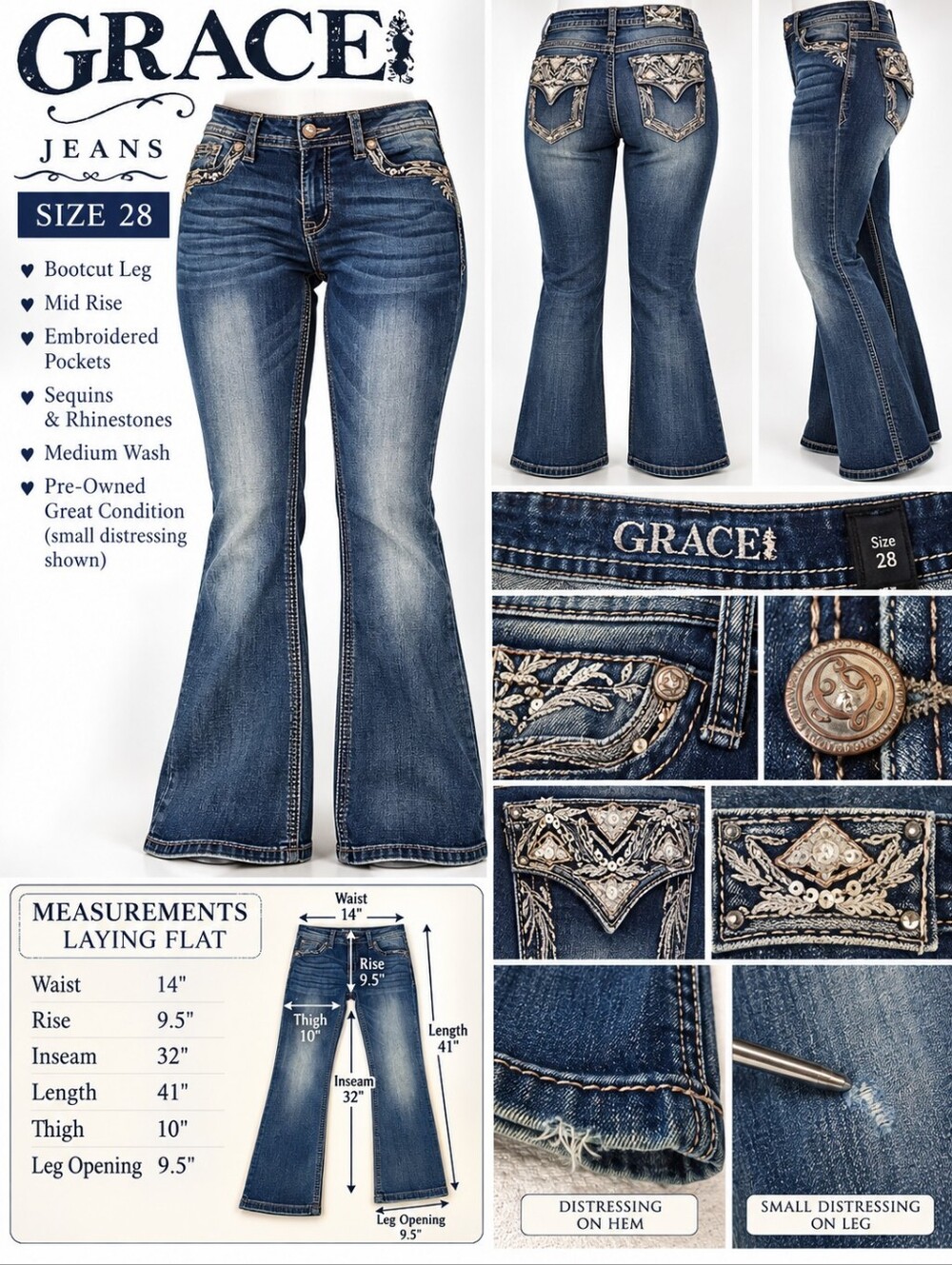 GRACE Jeans Size 28 – Embroidered Bootcut Jeans